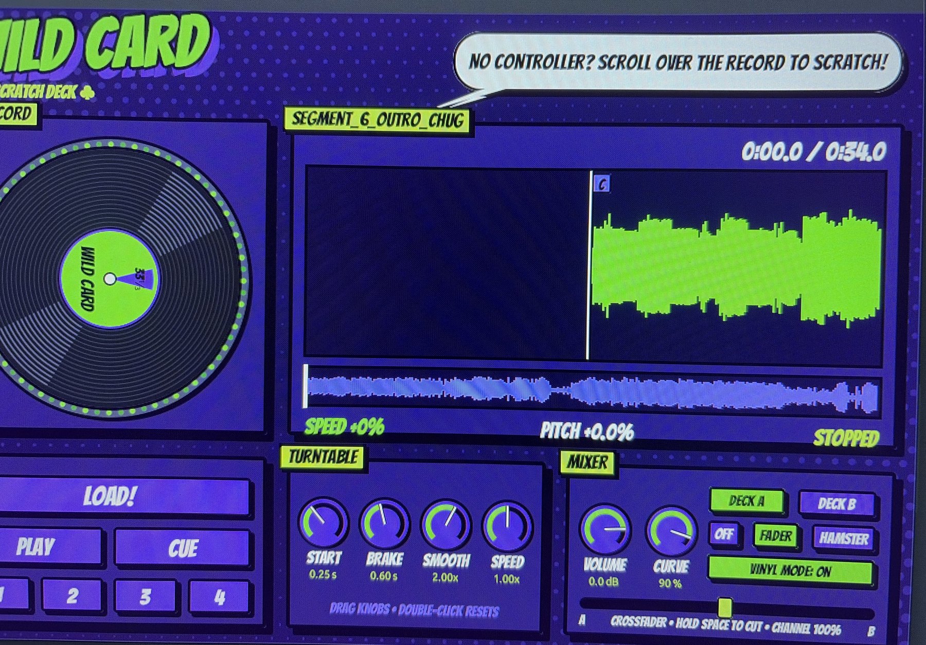 Wild Card plug-in interface showing the vinyl record, waveform, turntable knobs and mixer